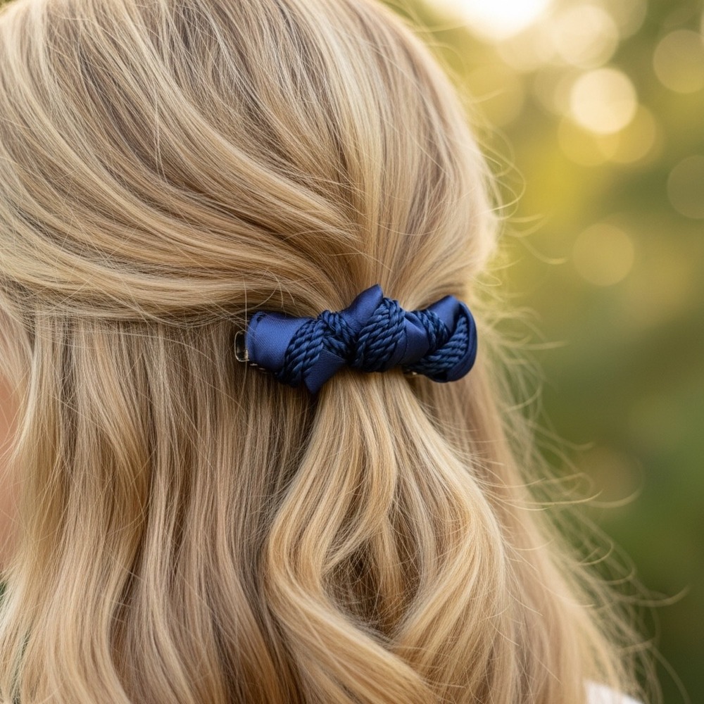 Vintage Navy Blue Satin Bowknot Hair Clip Barrette With Rope Detail Nautical